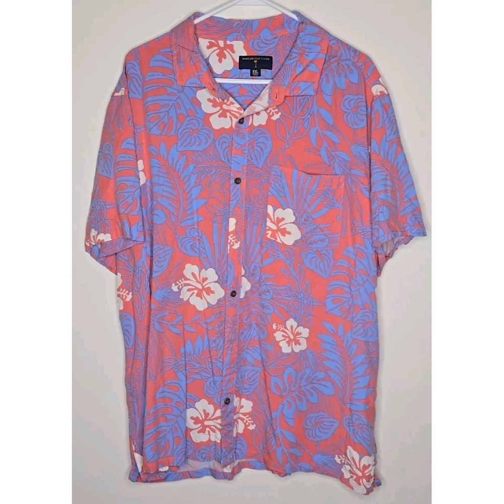 Margaritaville Hawaiian Shirt Mens Button Up XXL Pink Blue Hibiscus Floral Rayon